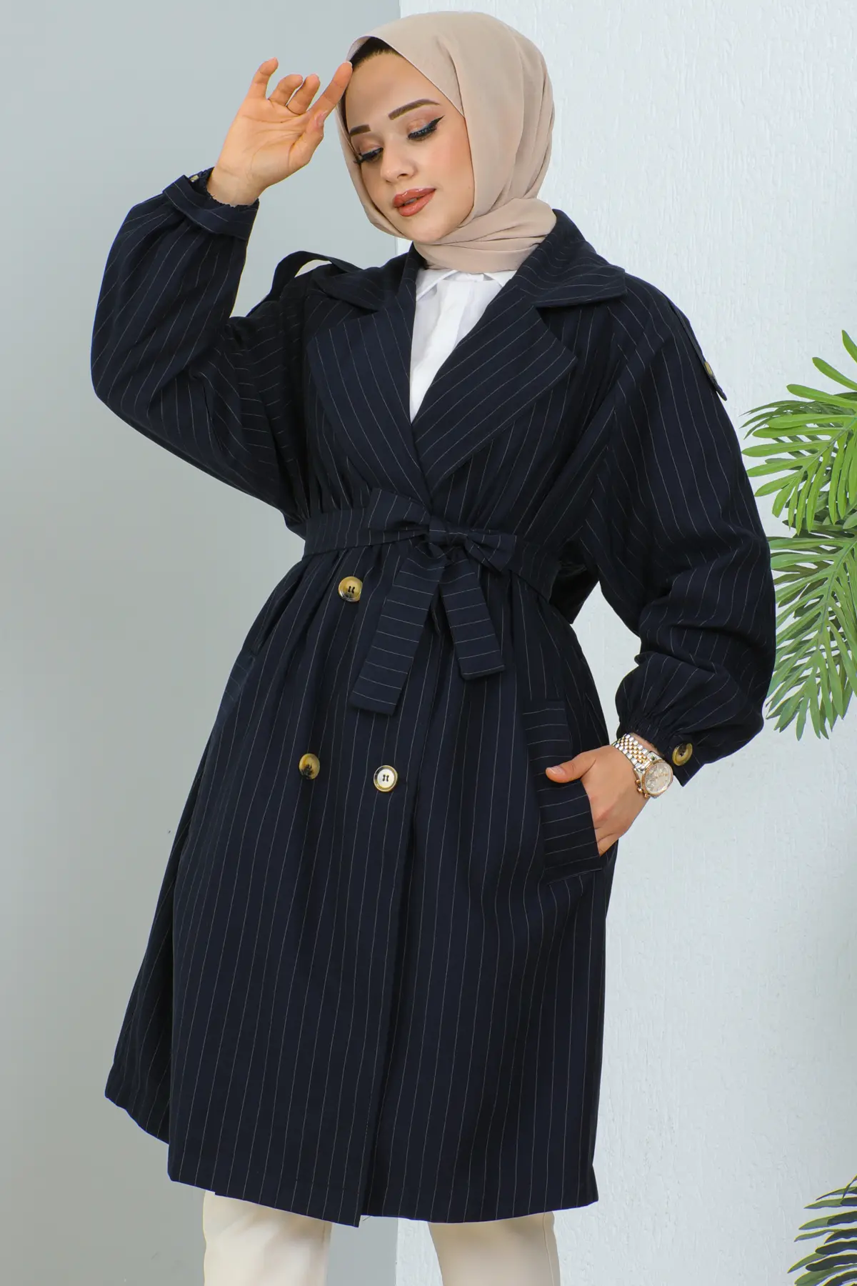 61673 Çizgili Trençkot Lacivert-detail