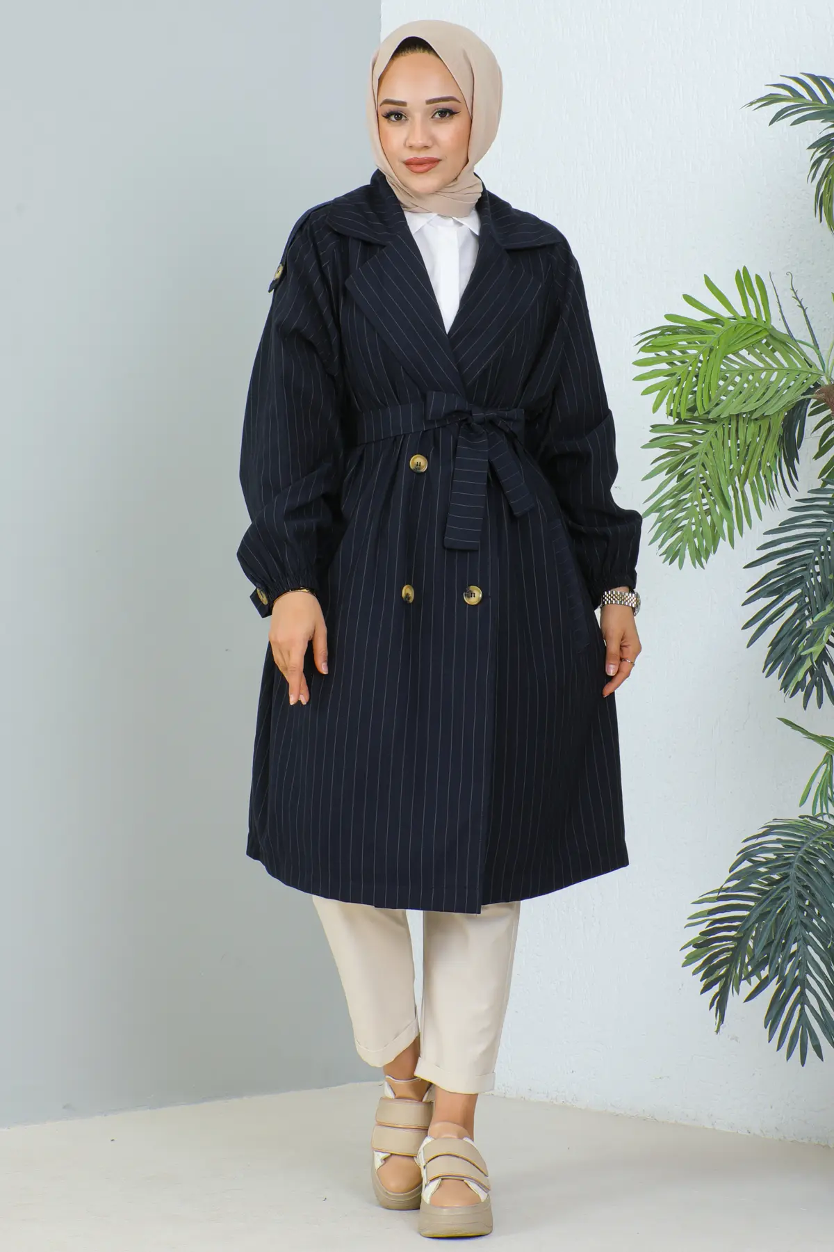 61673 Çizgili Trençkot Lacivert-detail