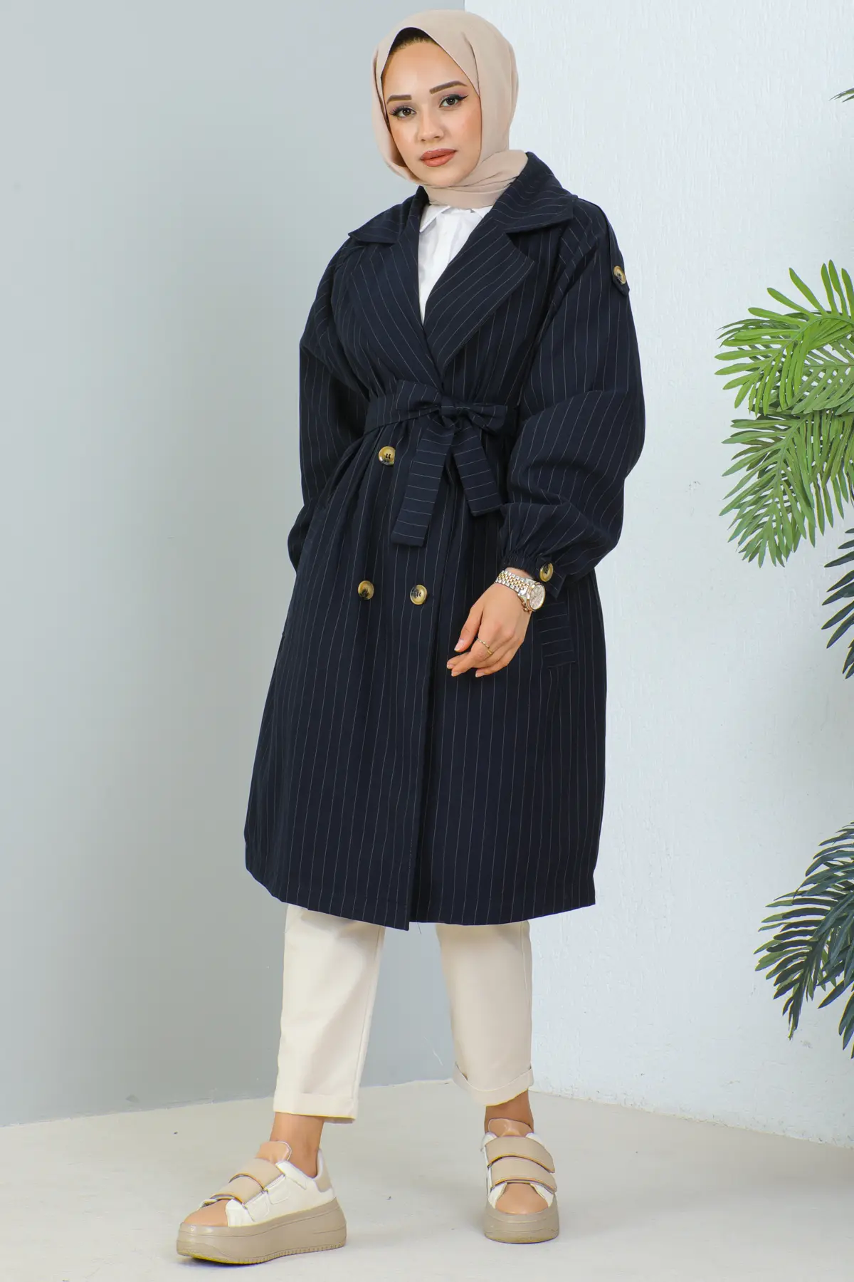 61673 Çizgili Trençkot Lacivert-detail