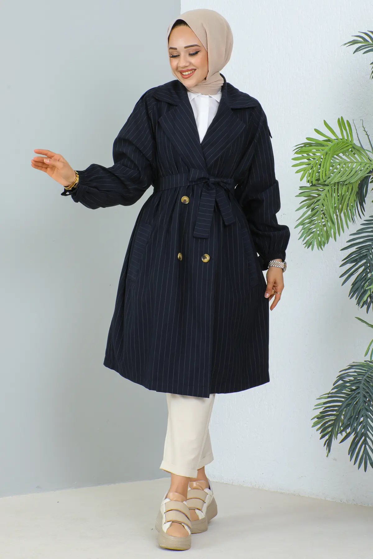 61673 Çizgili Trençkot Lacivert-detail