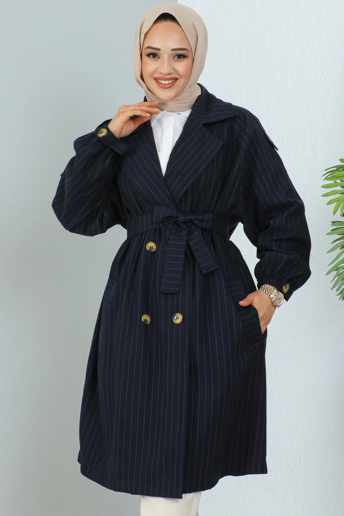 61673 Çizgili Trençkot Lacivert-detail