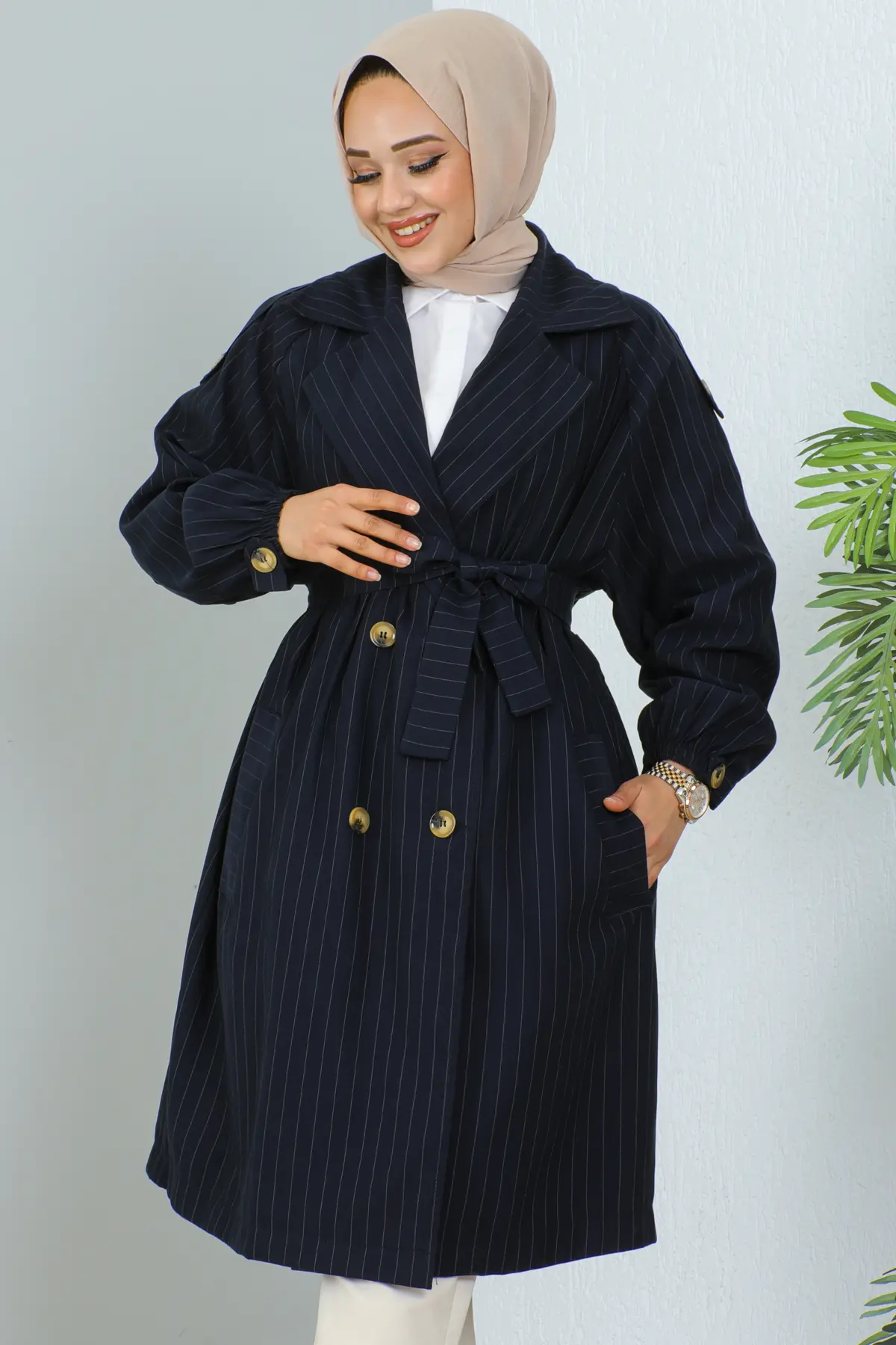 61673 Çizgili Trençkot Lacivert-detail