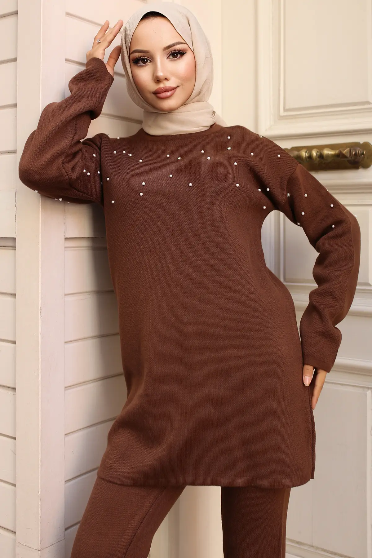 6205 Taş Detaylı Triko Takım Kahverengi-detail