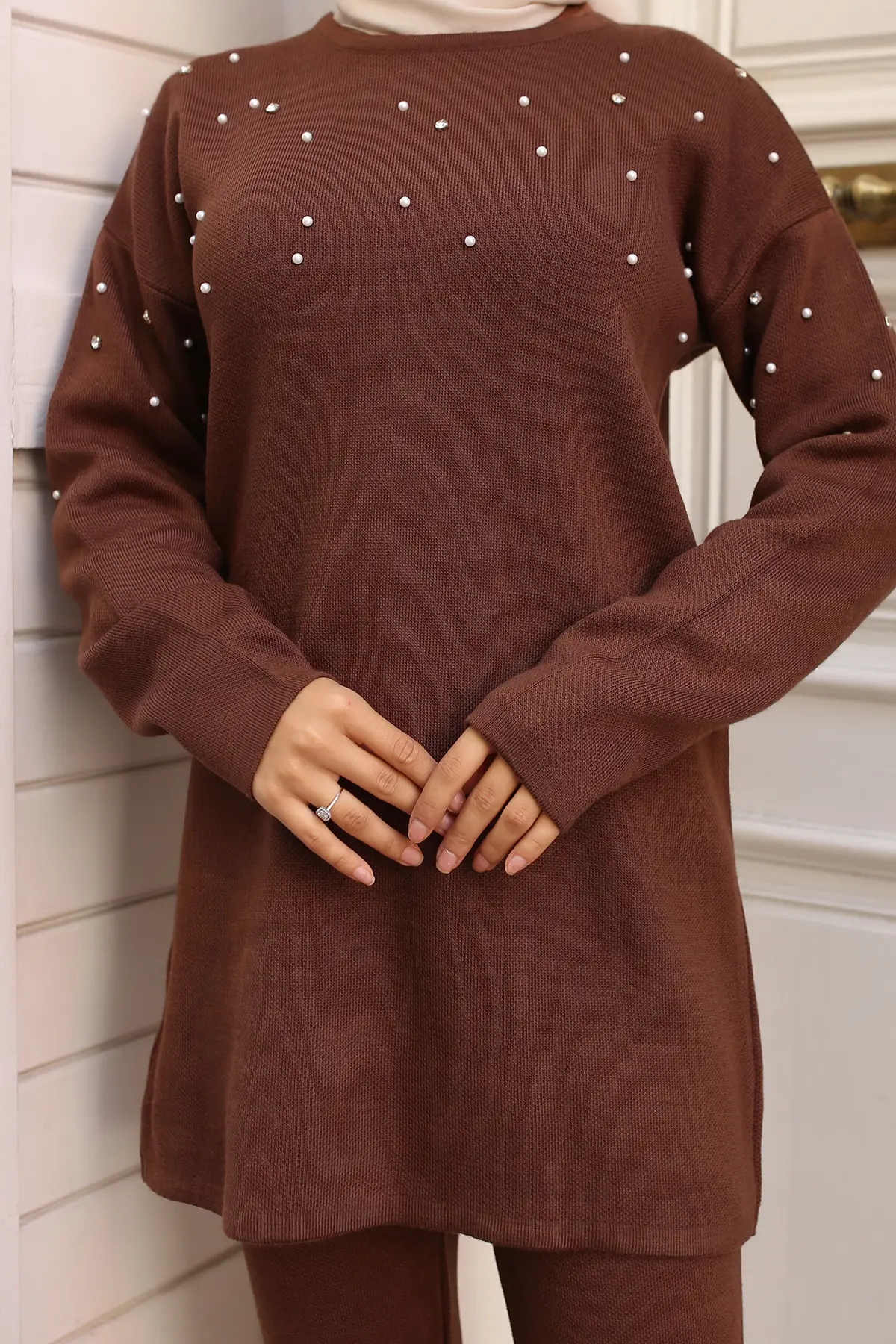 6205 Taş Detaylı Triko Takım Kahverengi-detail