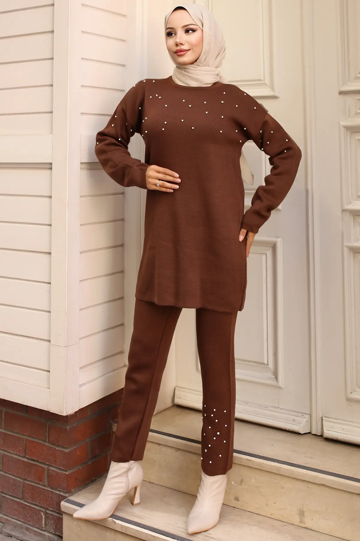 6205 Taş Detaylı Triko Takım Kahverengi-detail
