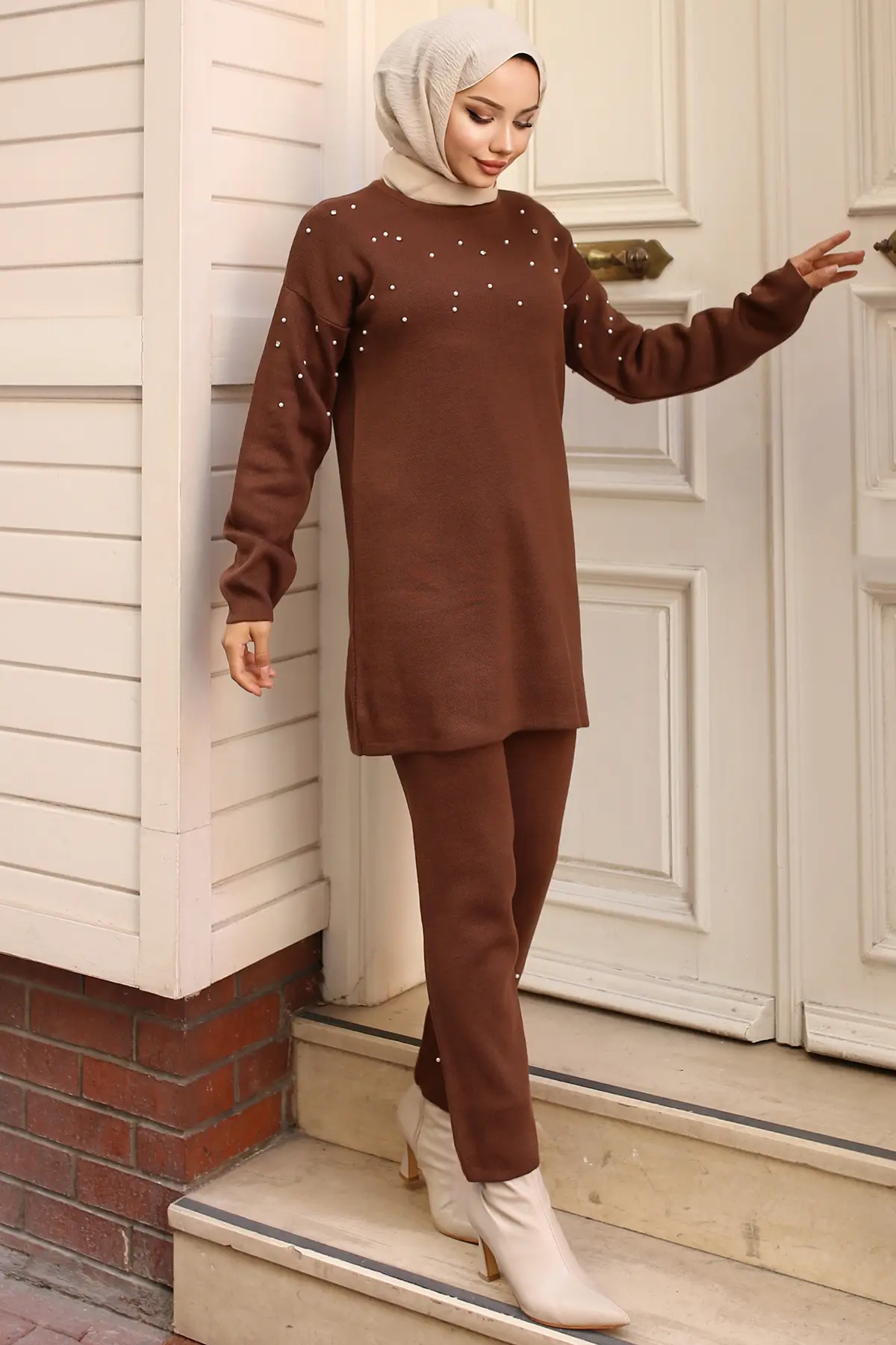 6205 Taş Detaylı Triko Takım Kahverengi-detail