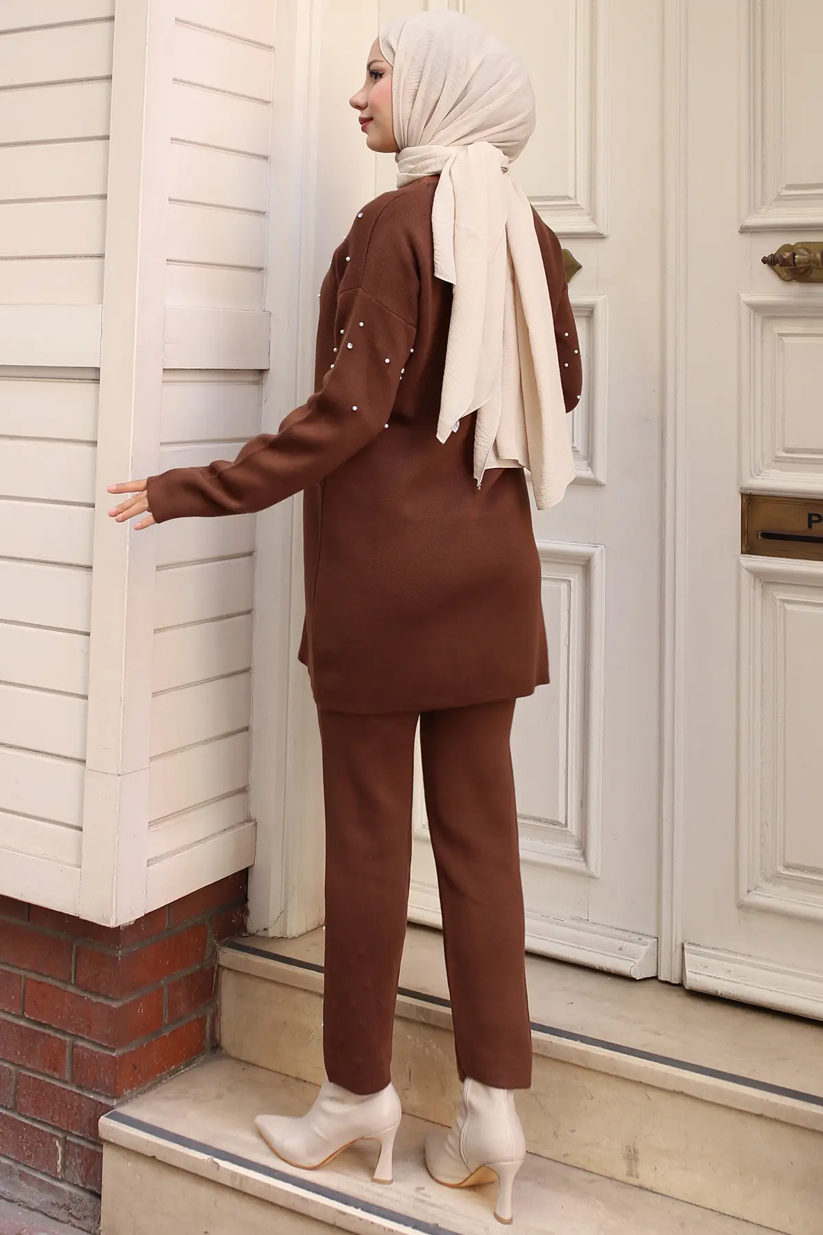 6205 Taş Detaylı Triko Takım Kahverengi-detail