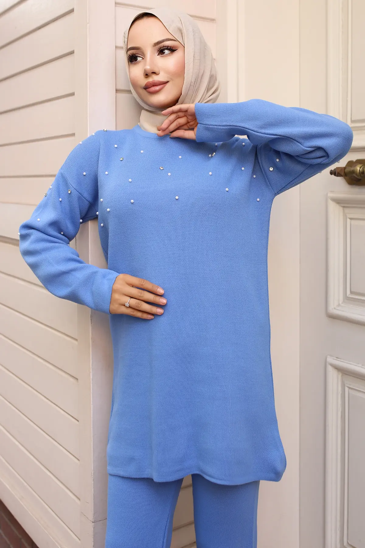 6205 Taş Detaylı Triko Takım Mavi-detail