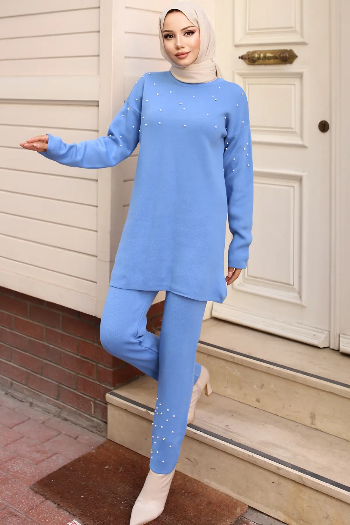 6205 Taş Detaylı Triko Takım Mavi-detail