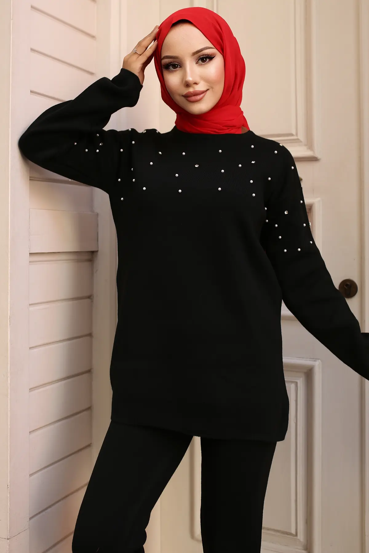 6205 Taş Detaylı Triko Takım Siyah-detail