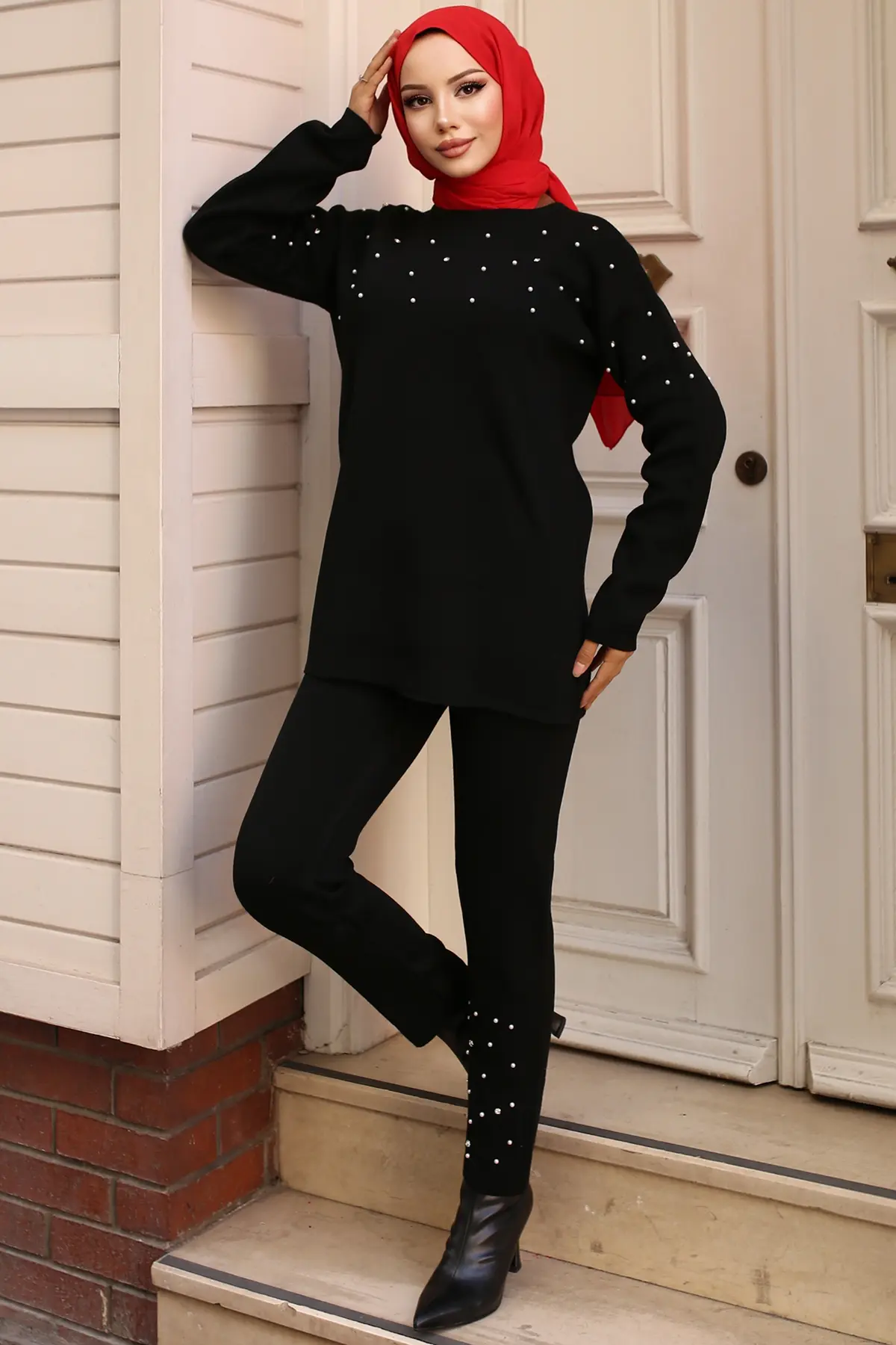 6205 Taş Detaylı Triko Takım Siyah-detail