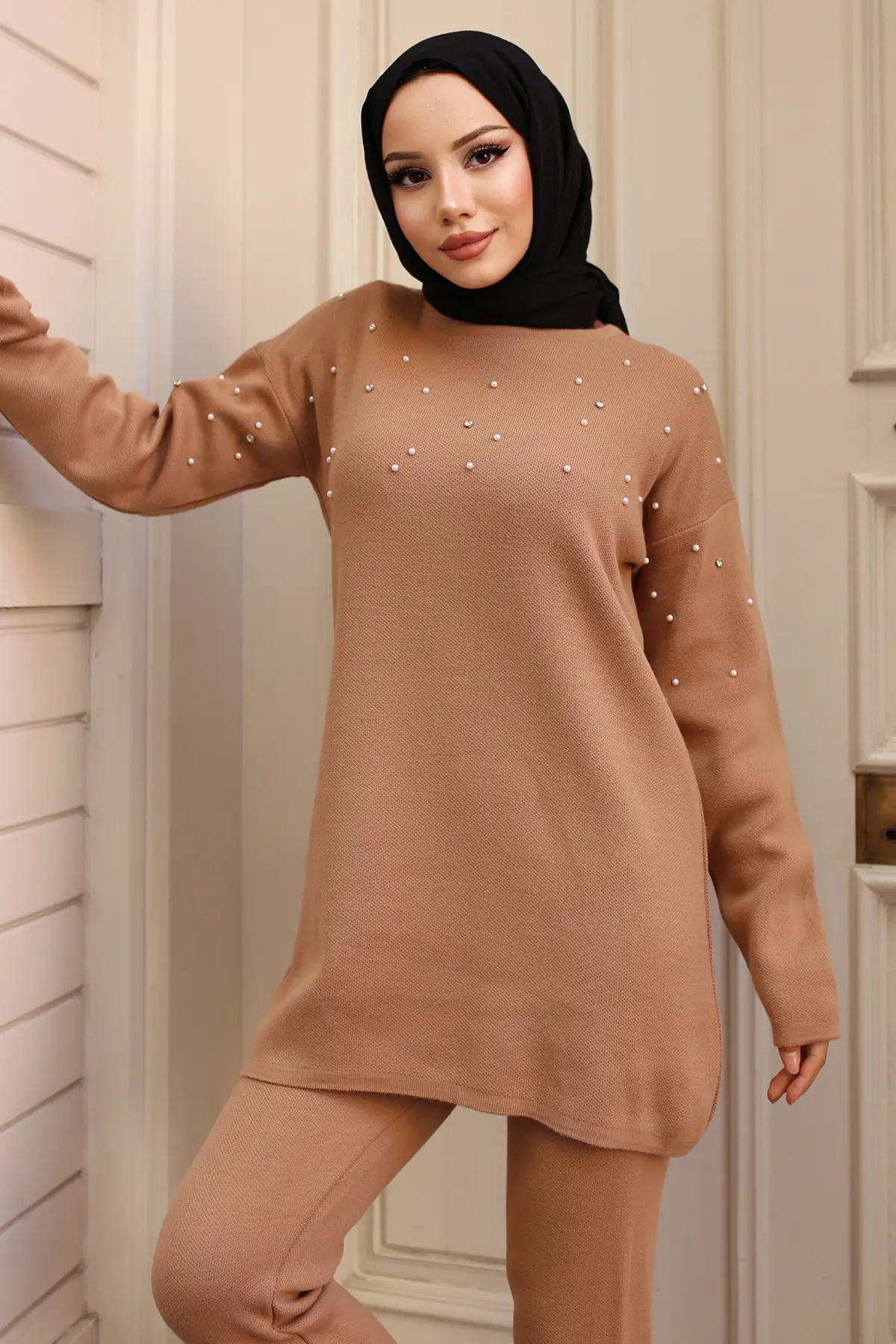 6205 Taş Detaylı Triko Takım Vizon-detail