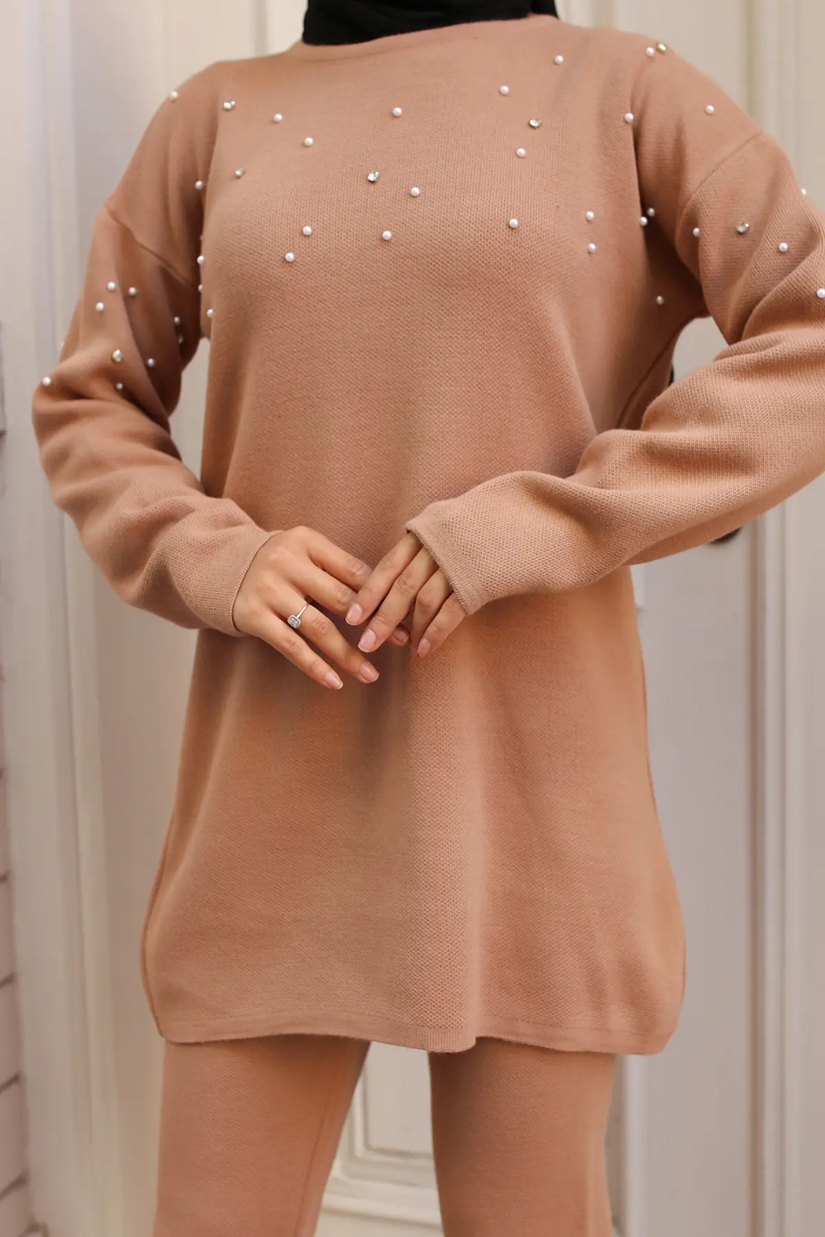 6205 Taş Detaylı Triko Takım Vizon-detail