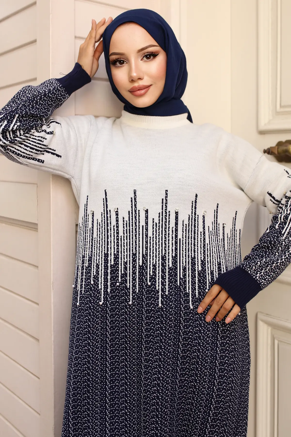 6208 Desenli Triko Elbise Lacivert-detail