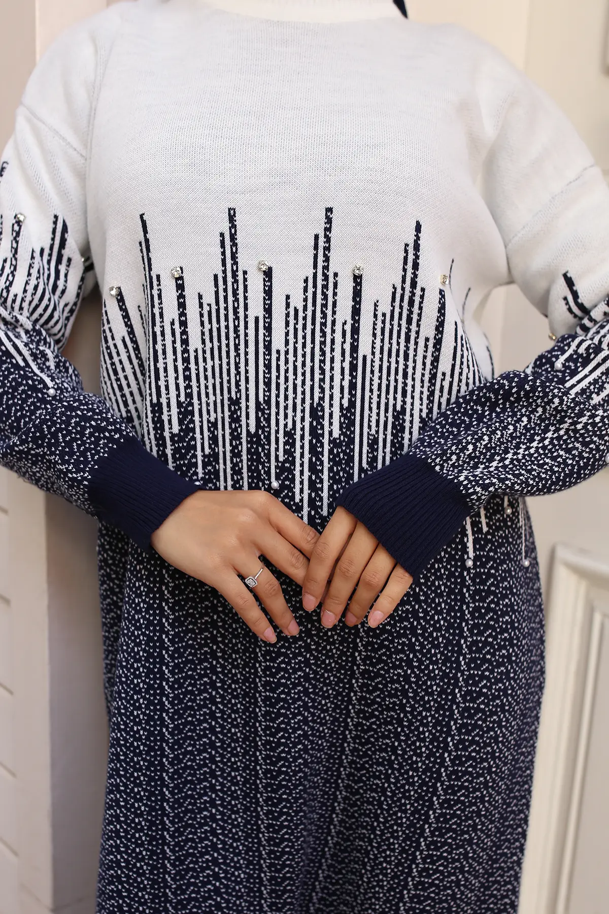 6208 Desenli Triko Elbise Lacivert-detail