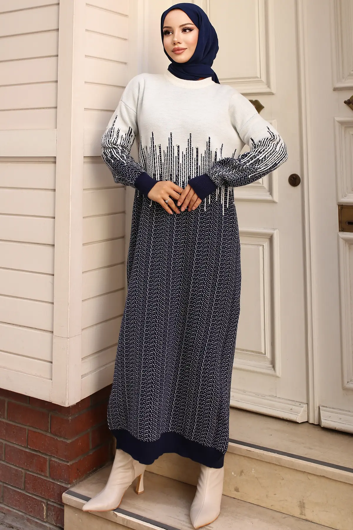 6208 Desenli Triko Elbise Lacivert-detail