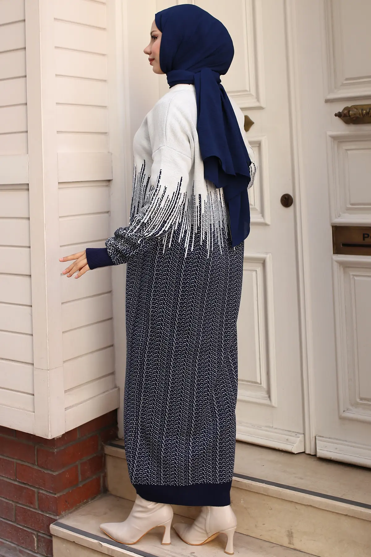 6208 Desenli Triko Elbise Lacivert-detail