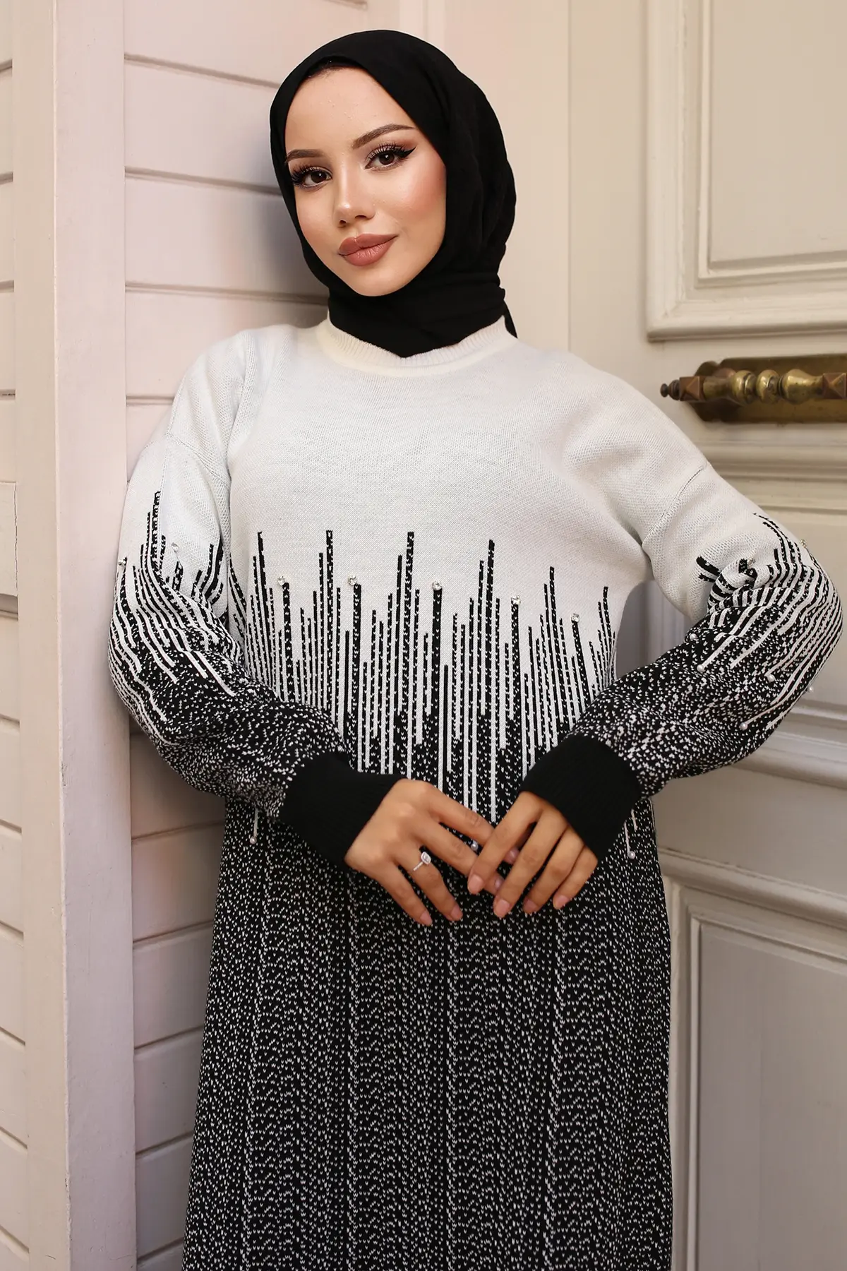 6208 Desenli Triko Elbise Siyah-detail