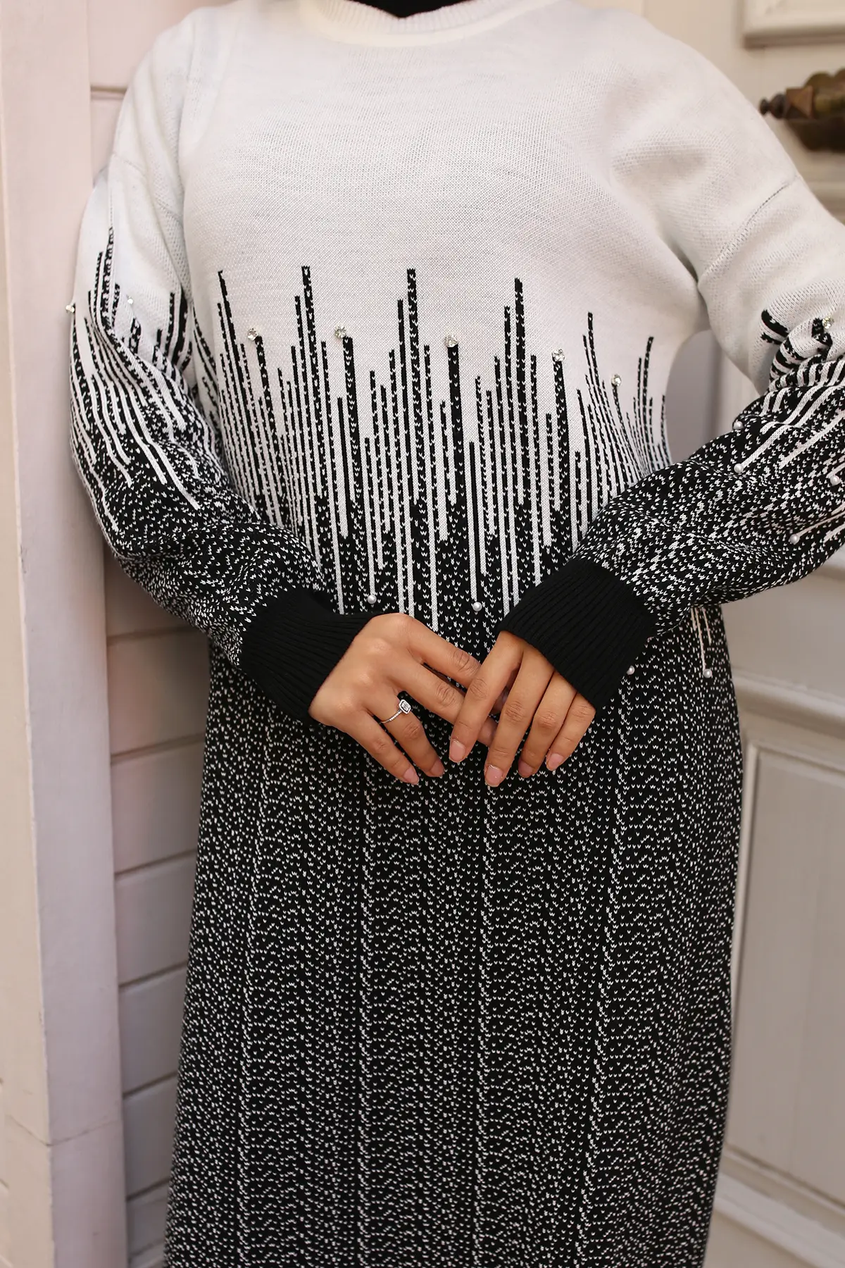 6208 Desenli Triko Elbise Siyah-detail