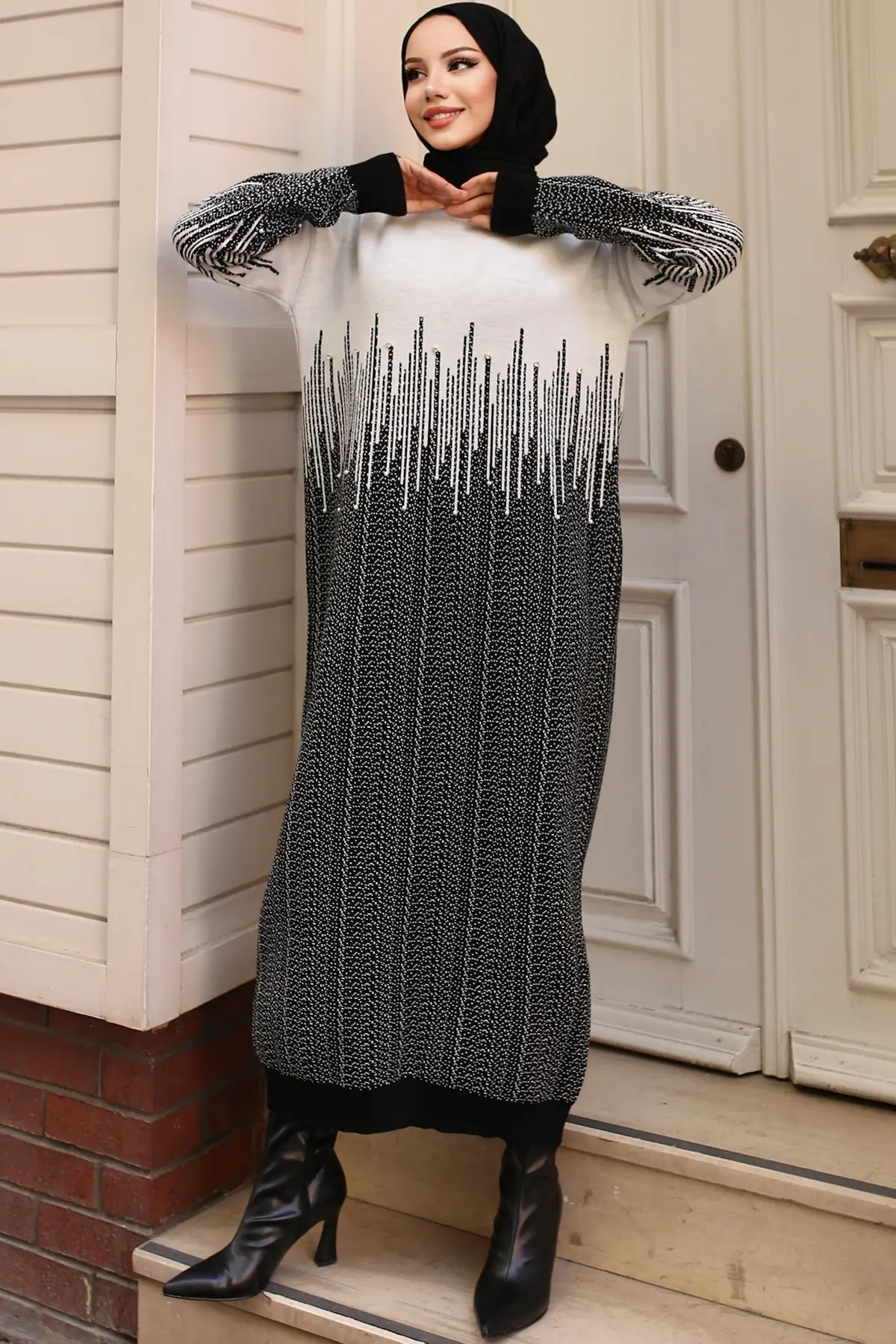 6208 Desenli Triko Elbise Siyah-detail