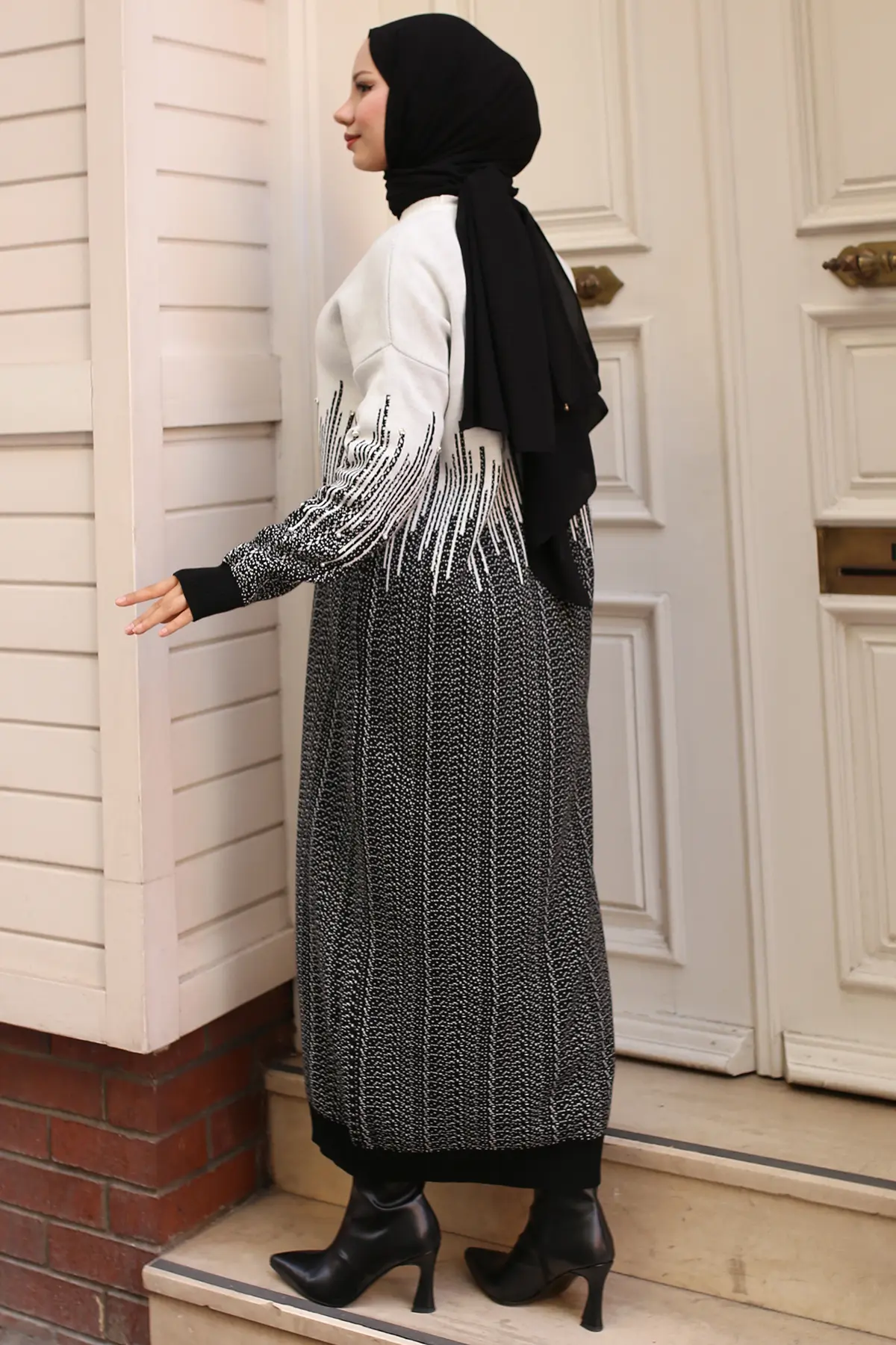 6208 Desenli Triko Elbise Siyah-detail