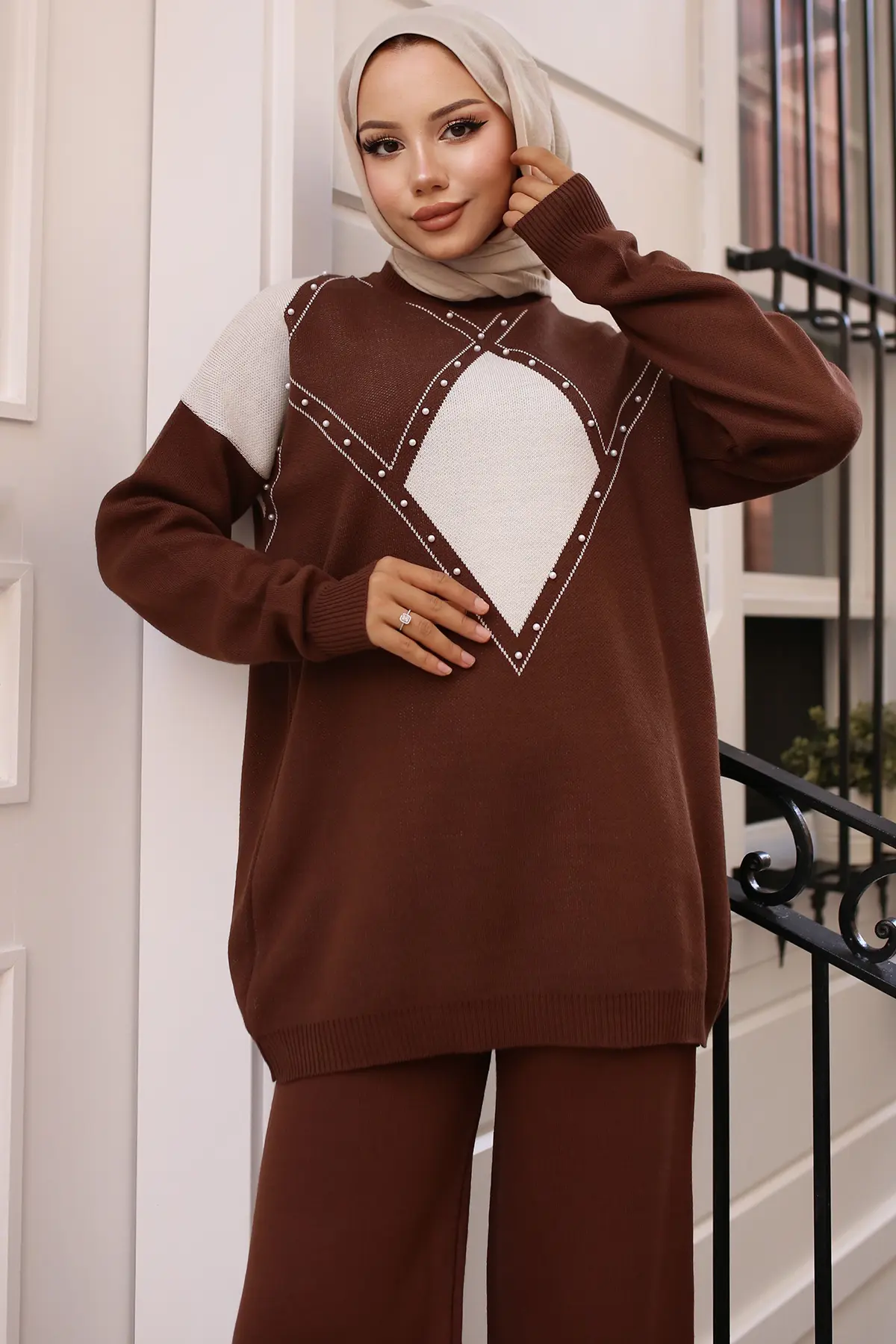 Pearl Detailed Diamond Patterned Knitwear Set-detail