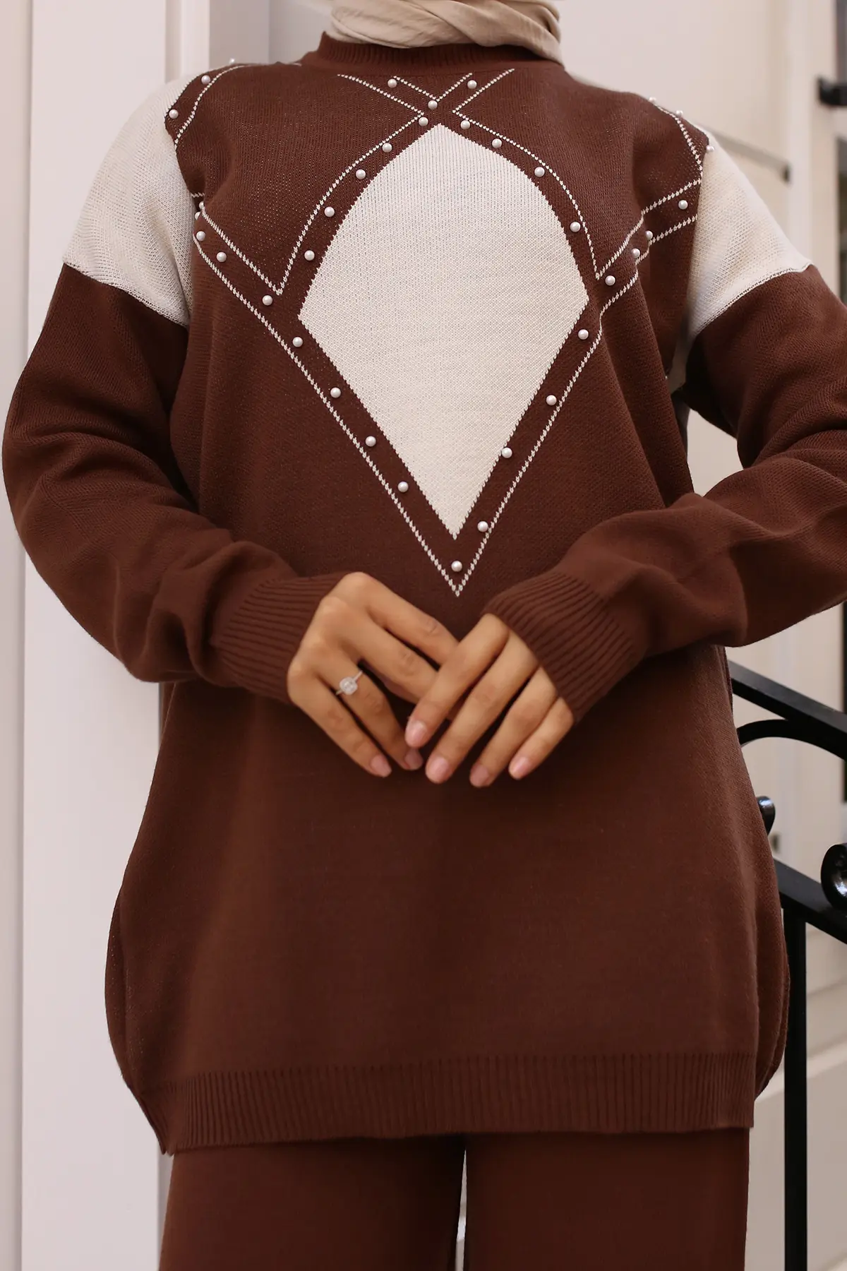 Pearl Detailed Diamond Patterned Knitwear Set-detail