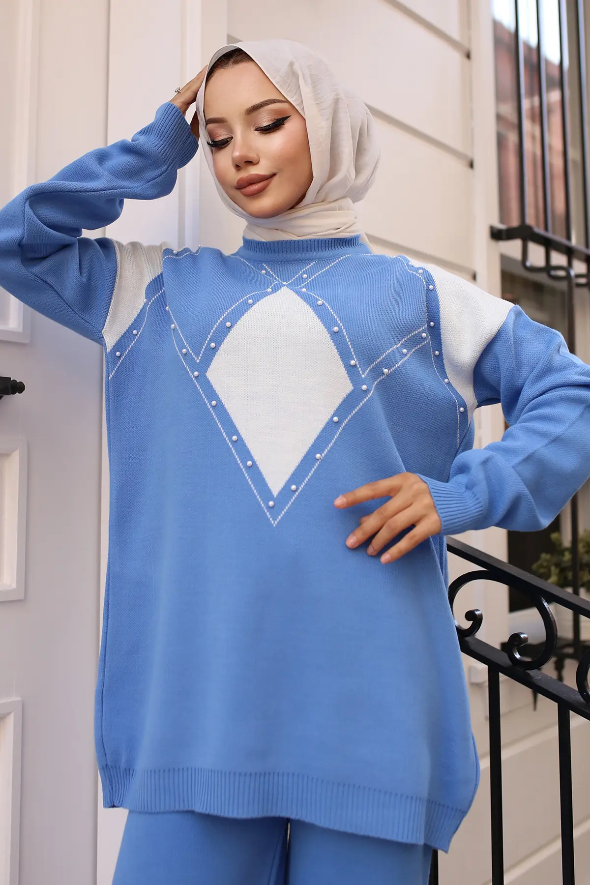 Pearl Detailed Diamond Patterned Knitwear Set-detail