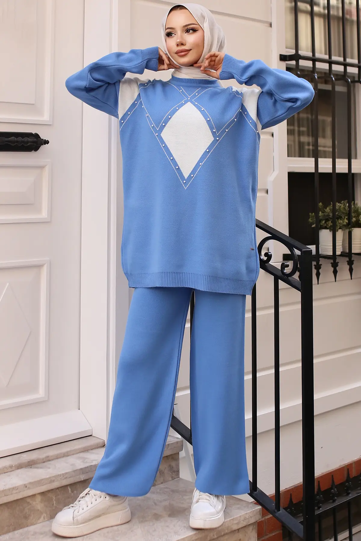 Pearl Detailed Diamond Patterned Knitwear Set-detail