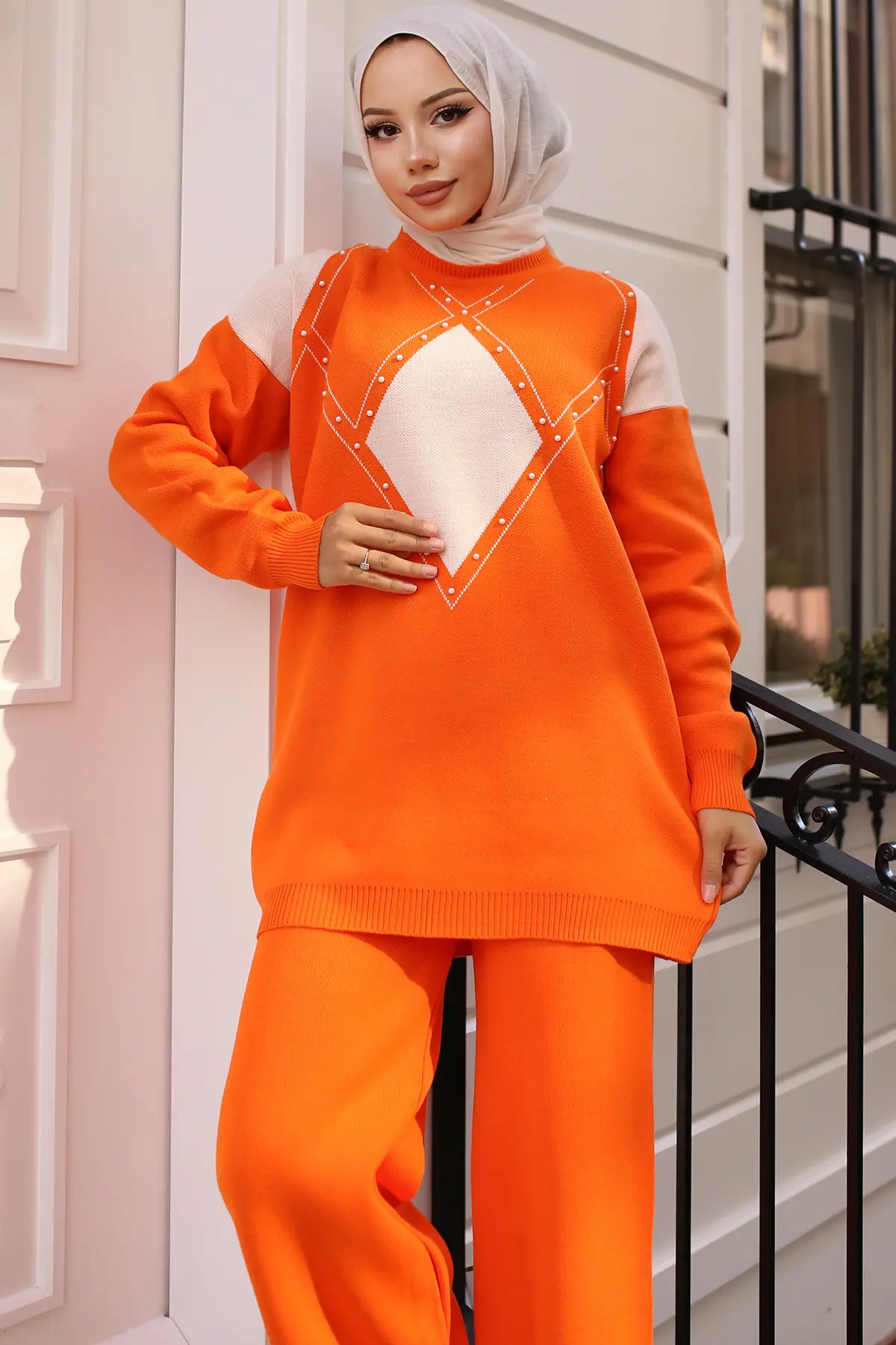 Pearl Detailed Diamond Patterned Knitwear Set-detail