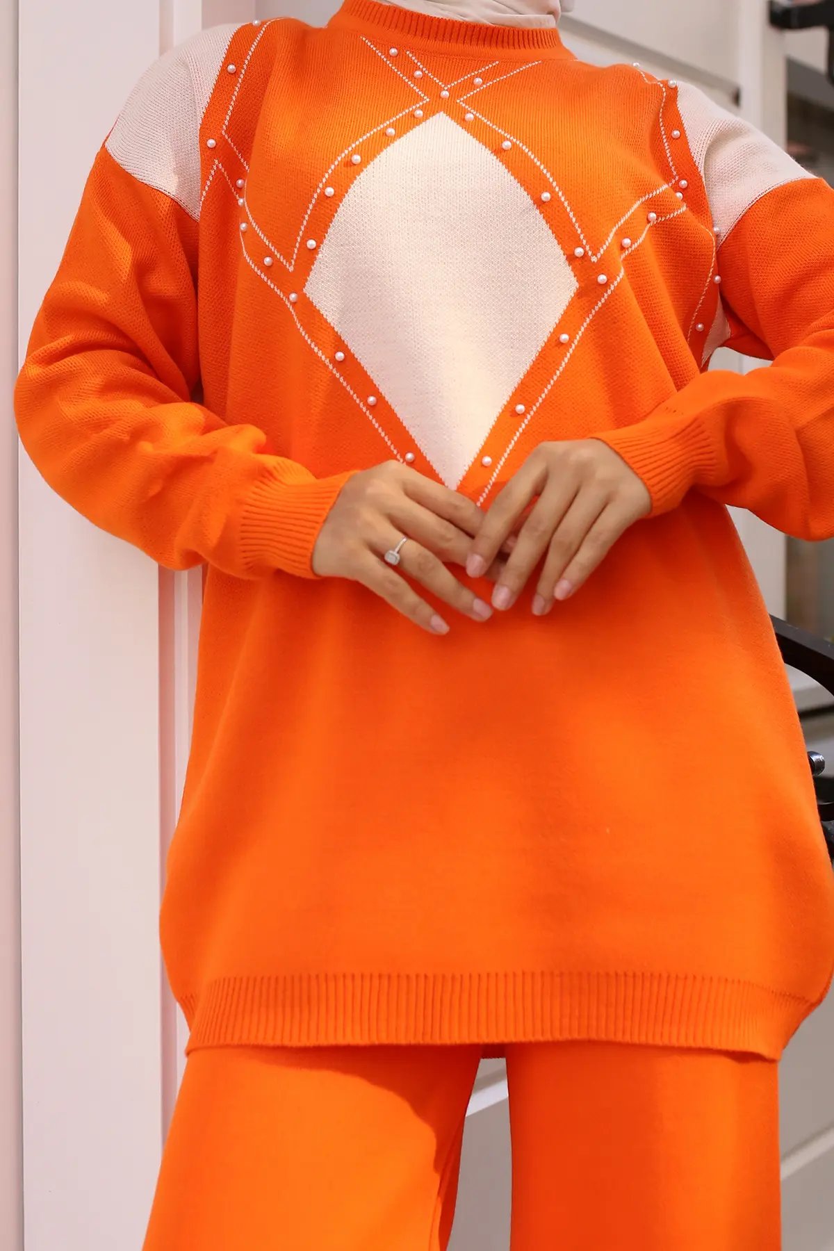 Pearl Detailed Diamond Patterned Knitwear Set-detail