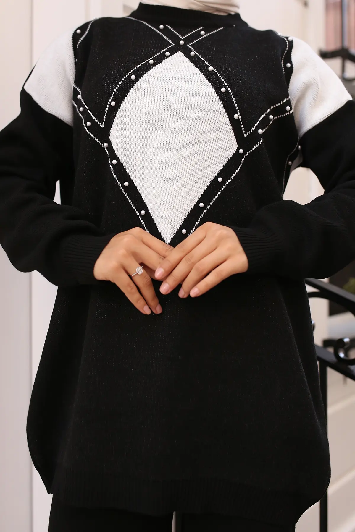 Pearl Detailed Diamond Patterned Knitwear Set-detail