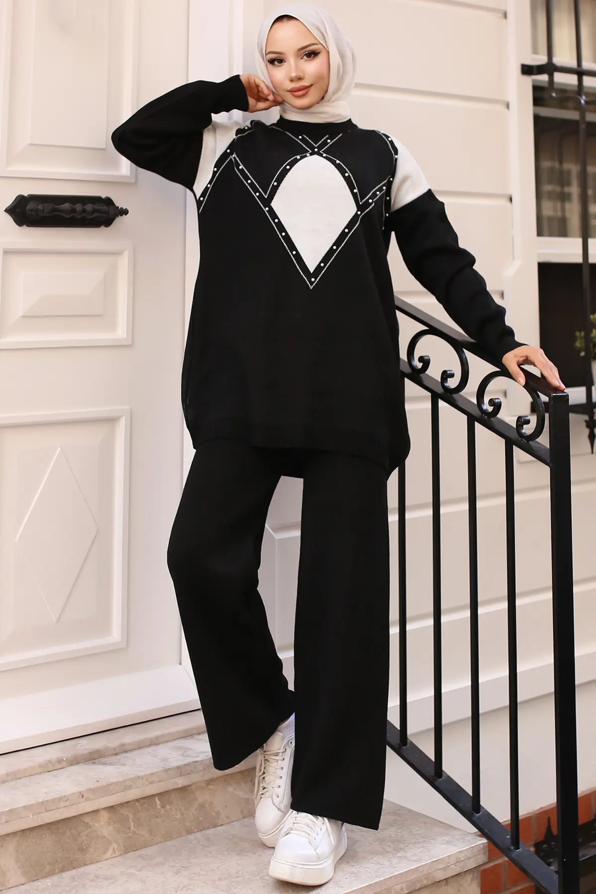 Pearl Detailed Diamond Patterned Knitwear Set-detail