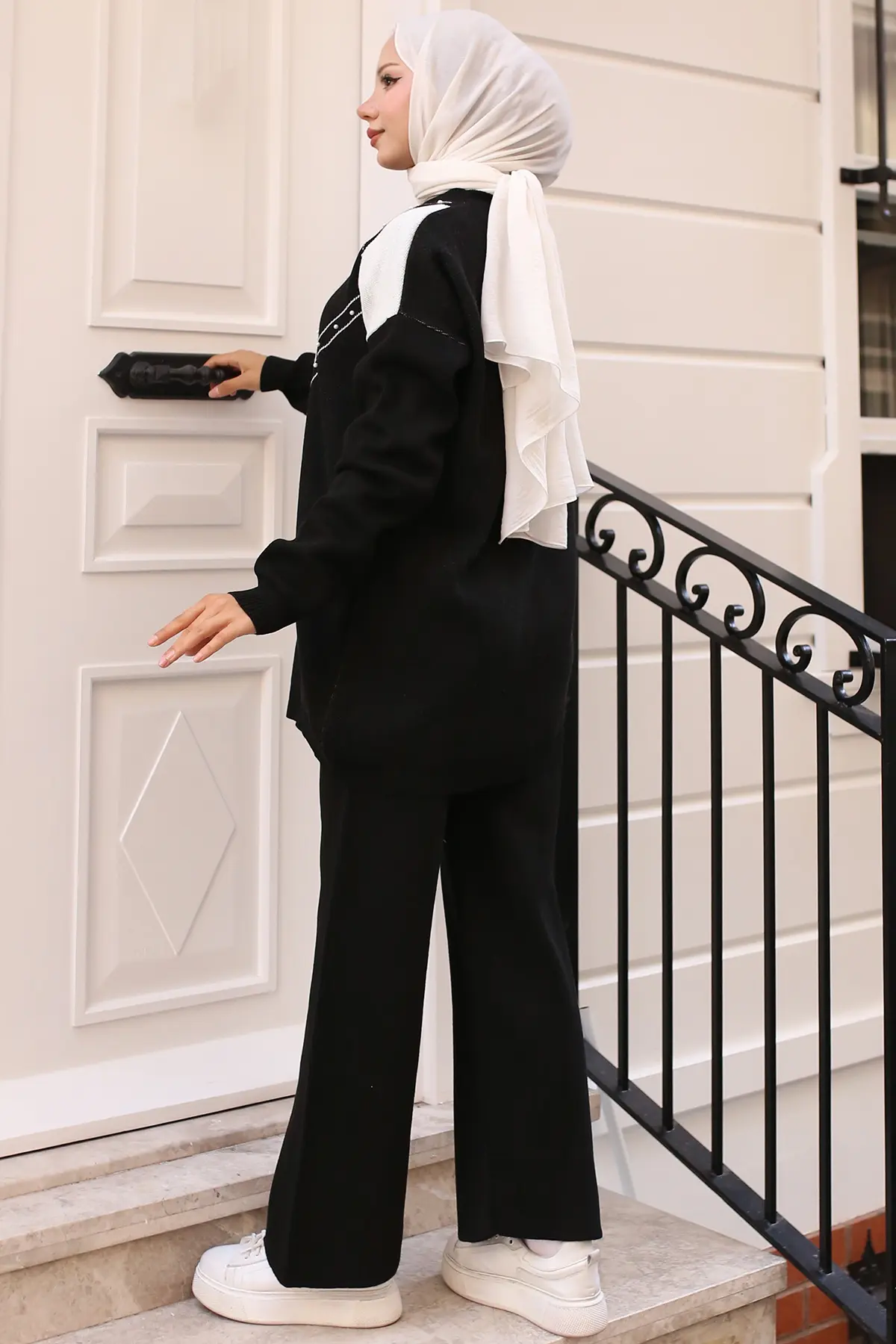 Pearl Detailed Diamond Patterned Knitwear Set-detail