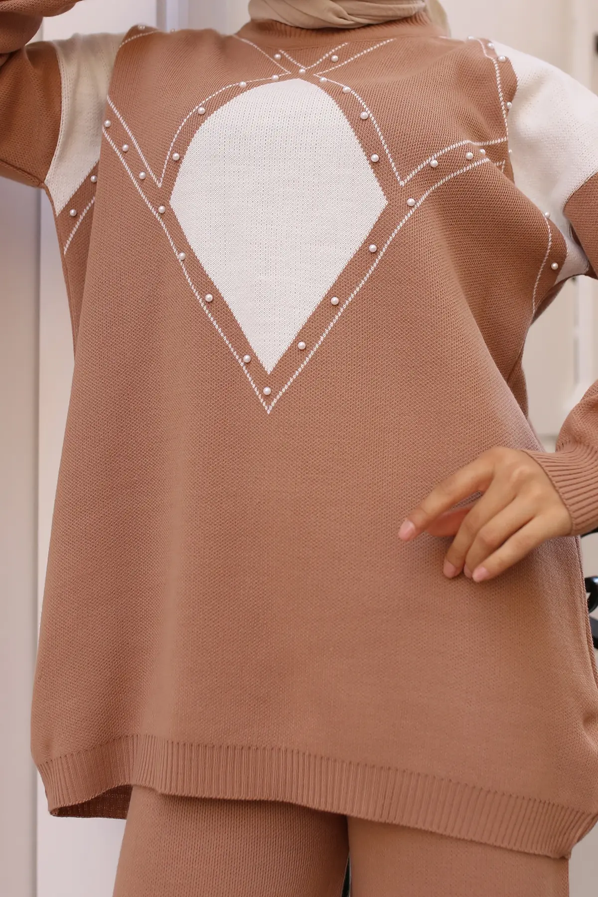 Pearl Detailed Diamond Patterned Knitwear Set-detail