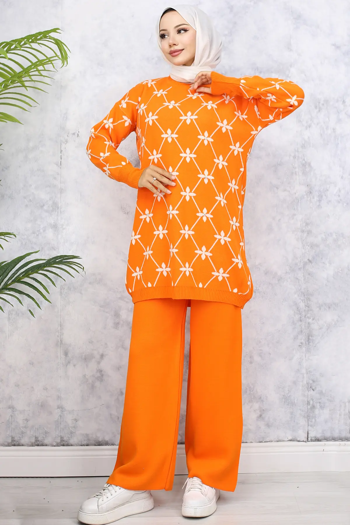 Flower Patterned Stone Knitwear Suit-detail