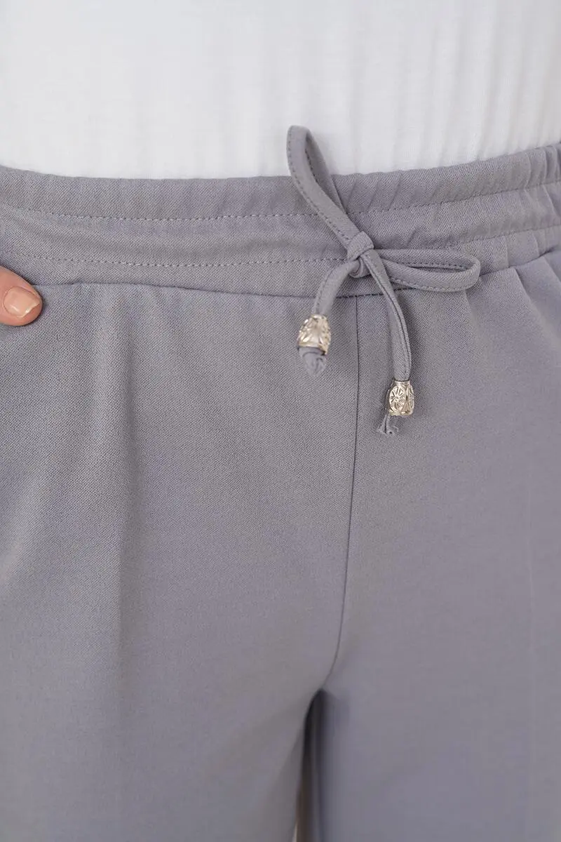 6624 İp Detaylı Beli Lastikli Bilekte Pantolon Gri-detail