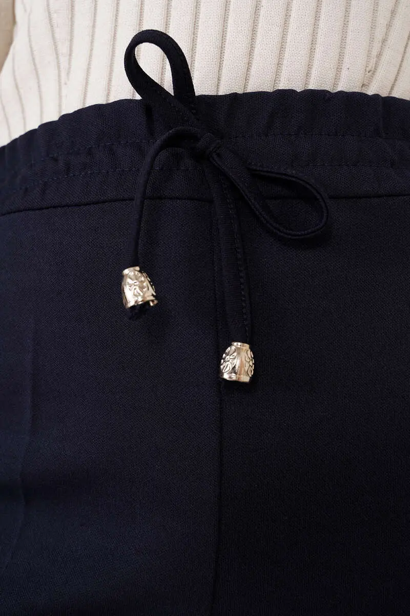 6624 İp Detaylı Beli Lastikli Bilekte Pantolon Lacivert-detail