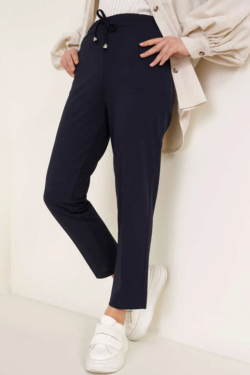 6624 İp Detaylı Beli Lastikli Bilekte Pantolon Lacivert-detail
