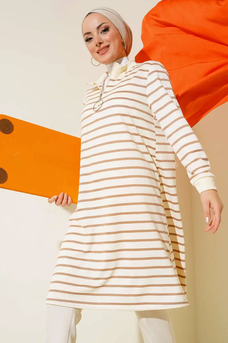 Collar Zipper Striped Tunic-detail