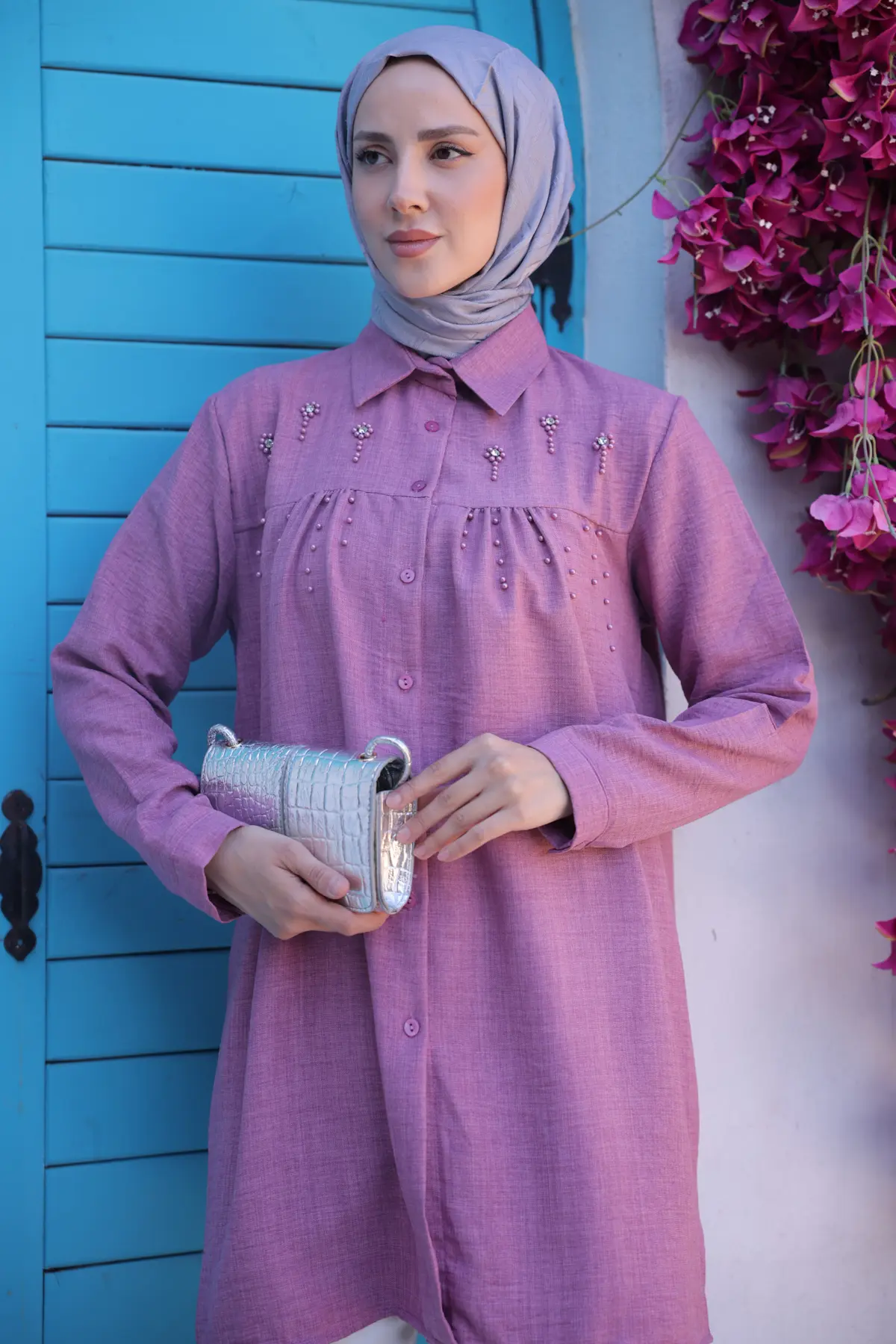 673 Boncuk Detaylı Gömlek Gül Kurusu-detail