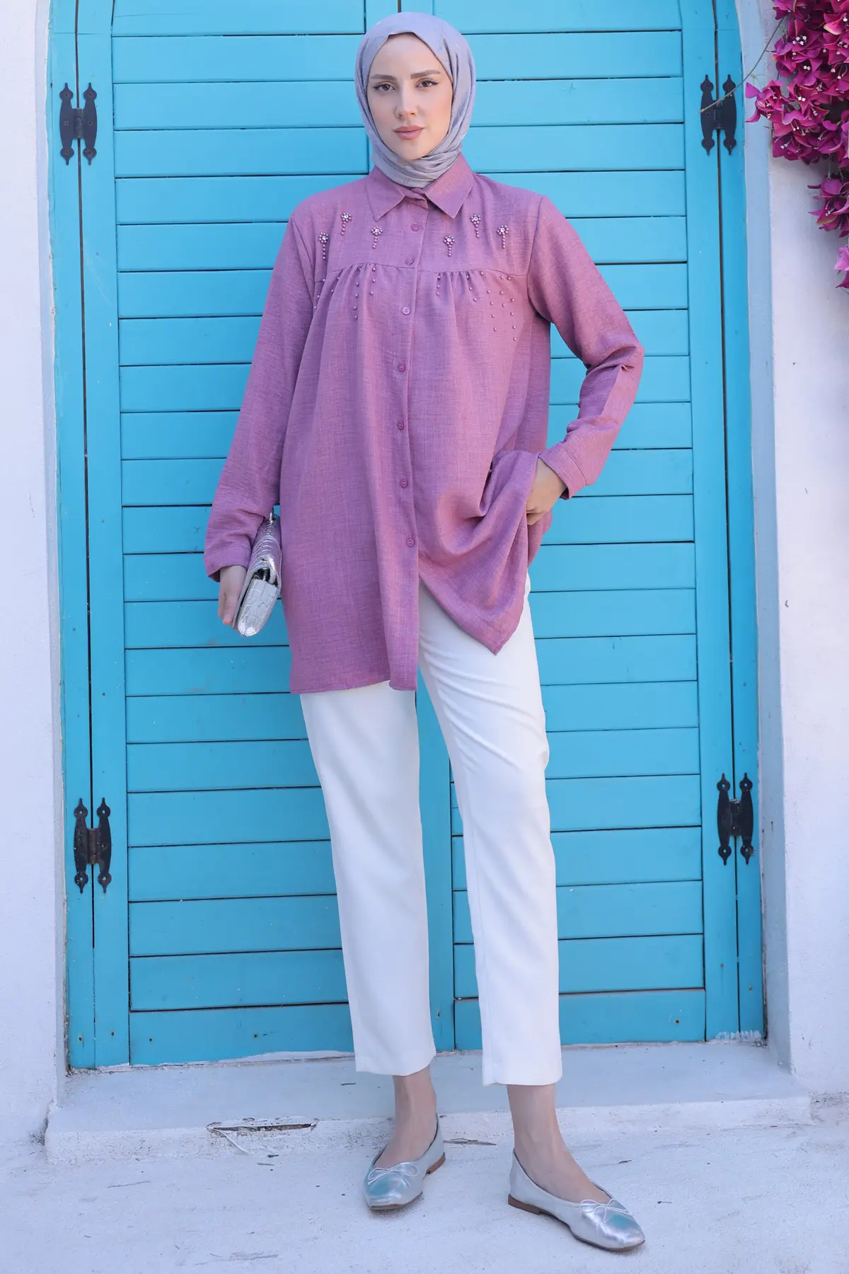 673 Boncuk Detaylı Gömlek Gül Kurusu-detail