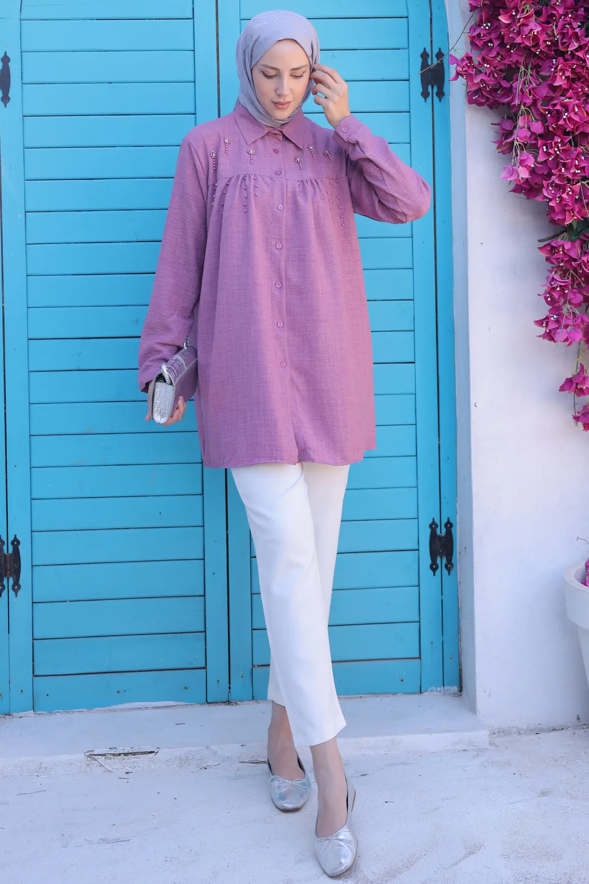 673 Boncuk Detaylı Gömlek Gül Kurusu-detail