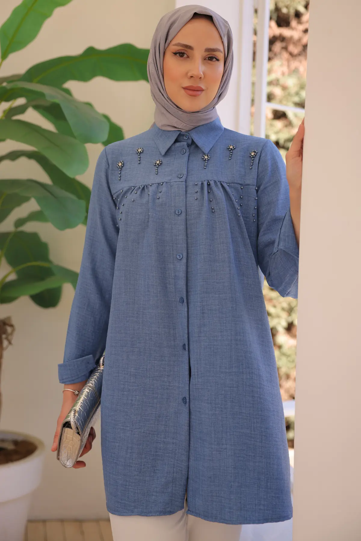 673 Boncuk Detaylı Gömlek İndigo-detail
