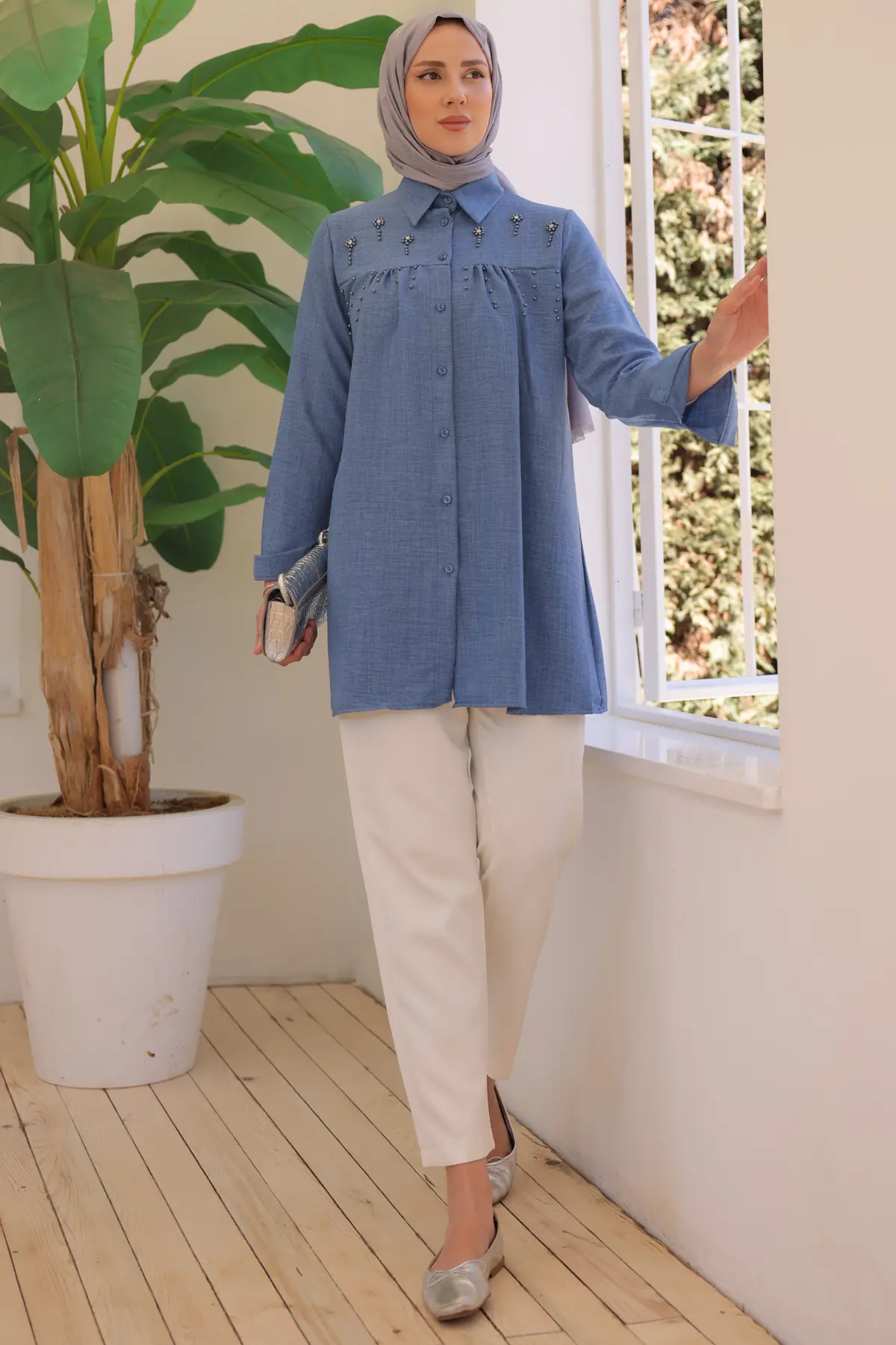 673 Boncuk Detaylı Gömlek İndigo-detail