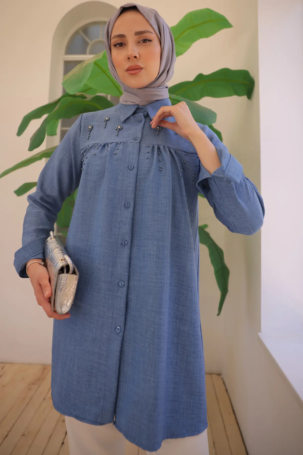 673 Boncuk Detaylı Gömlek İndigo-detail