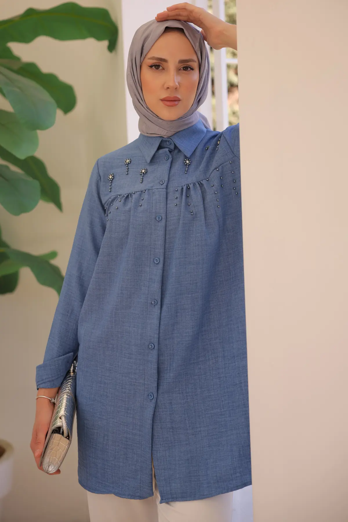 673 Boncuk Detaylı Gömlek İndigo-detail