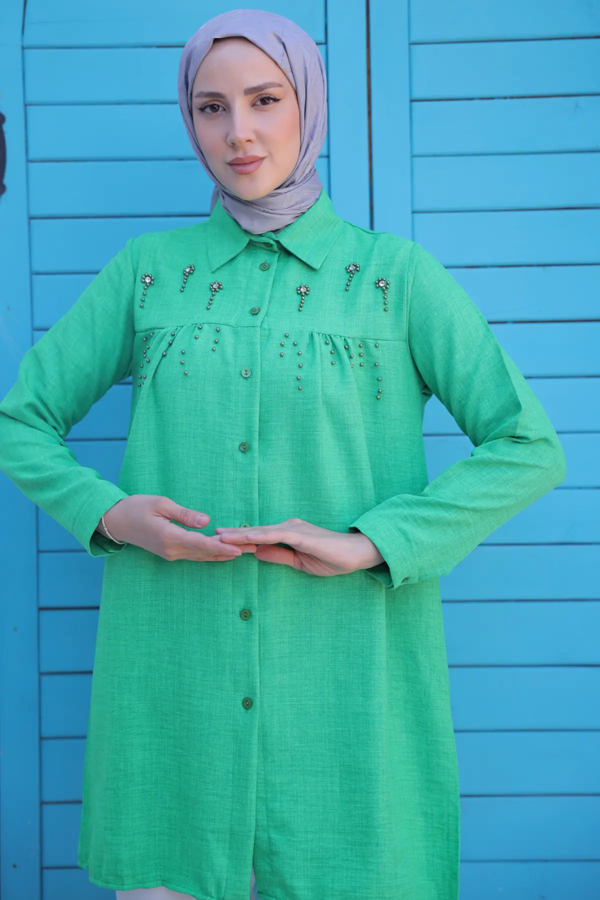 673 Boncuk Detaylı Gömlek Yeşil-detail