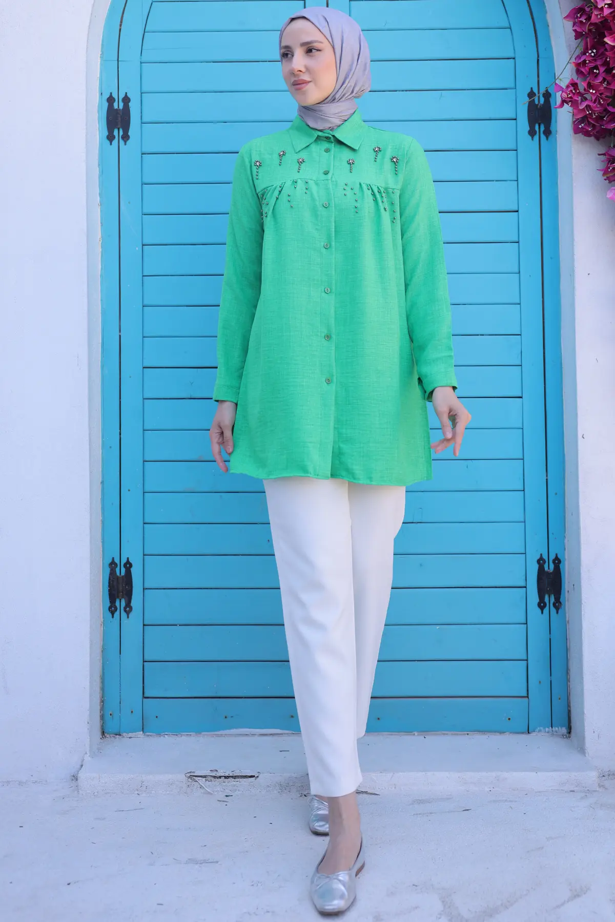 673 Boncuk Detaylı Gömlek Yeşil-detail