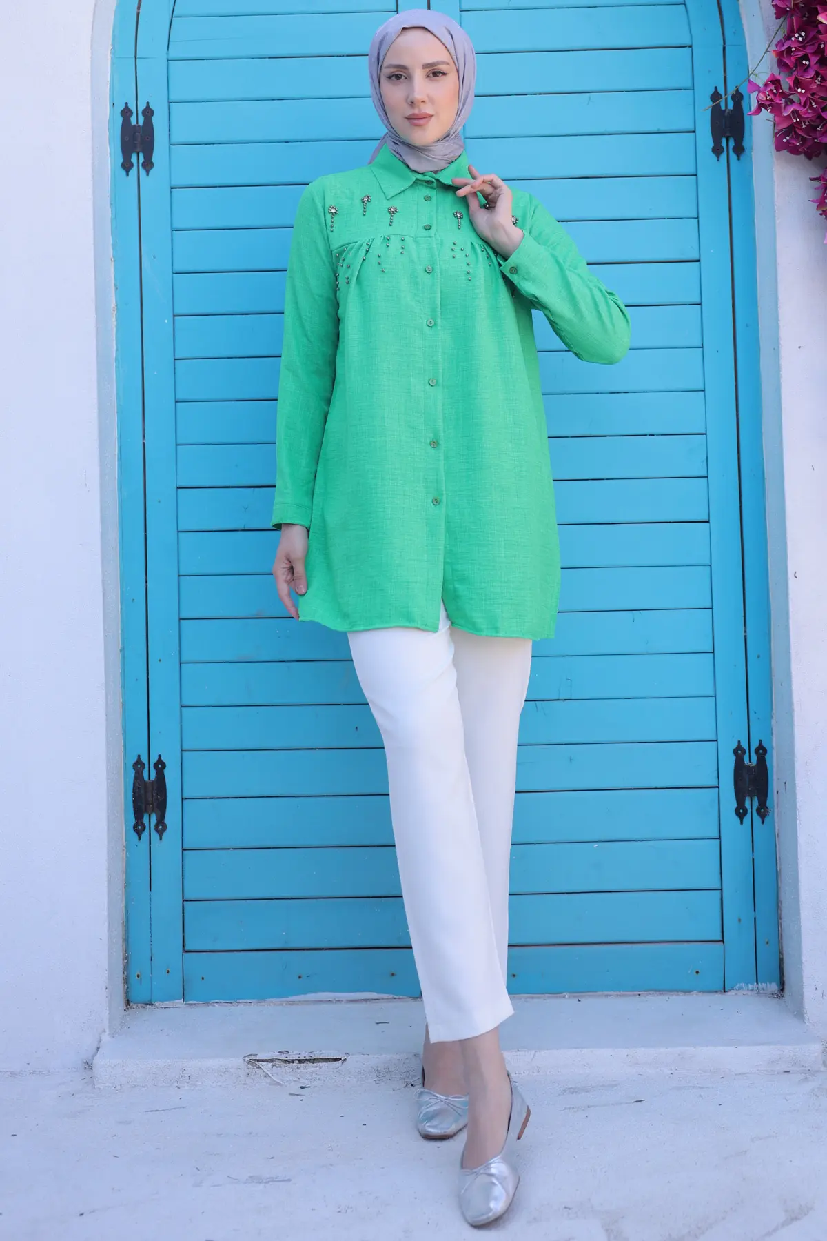 673 Boncuk Detaylı Gömlek Yeşil-detail